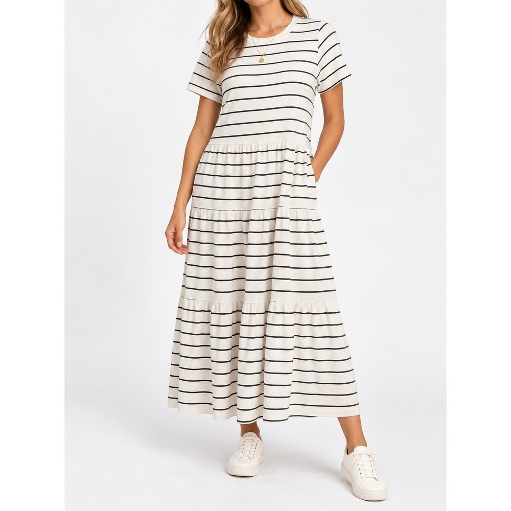 Marine Layer Striped Tiered Maxi Dress Womens L Cotton Navy Ivory